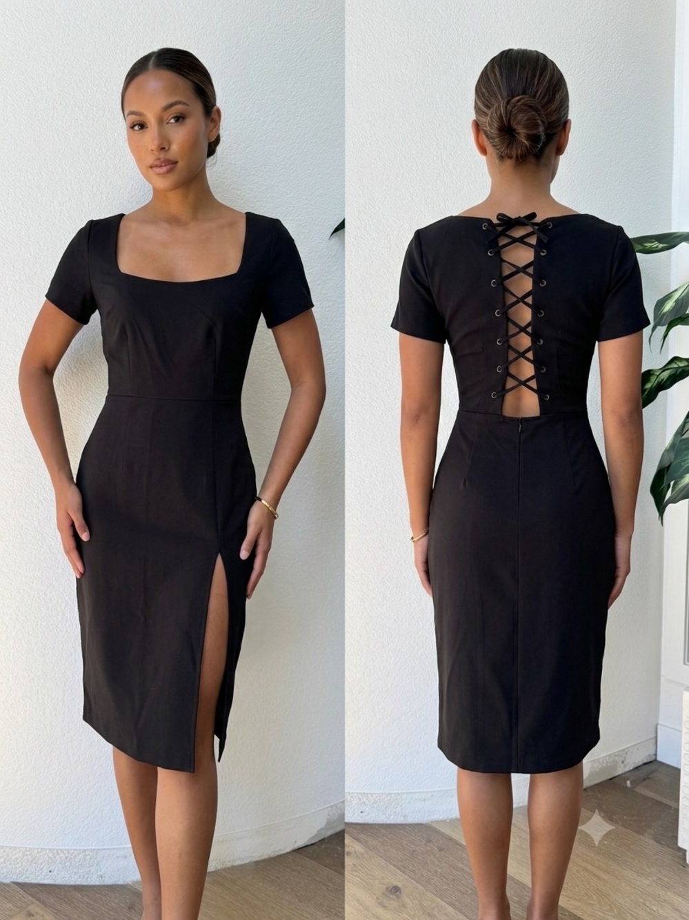 FOREVER 21 Corporate Goth Black Lace-Up Back Slit Pencil Midi Dress S